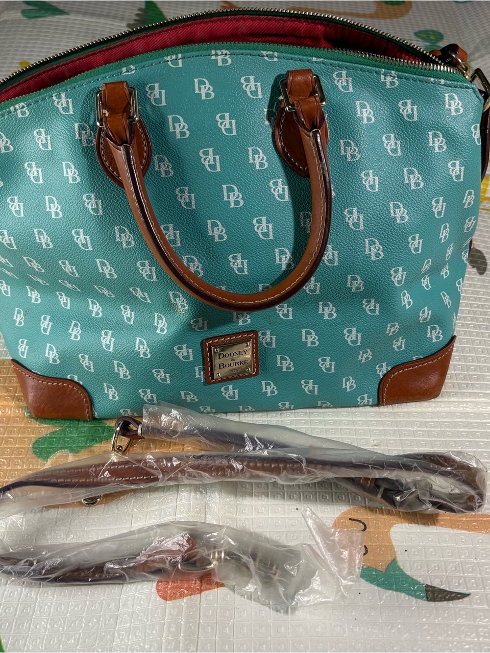 Dooney & Bourke Teal Logo Dome Satchel with Brown Trim and Red Interior